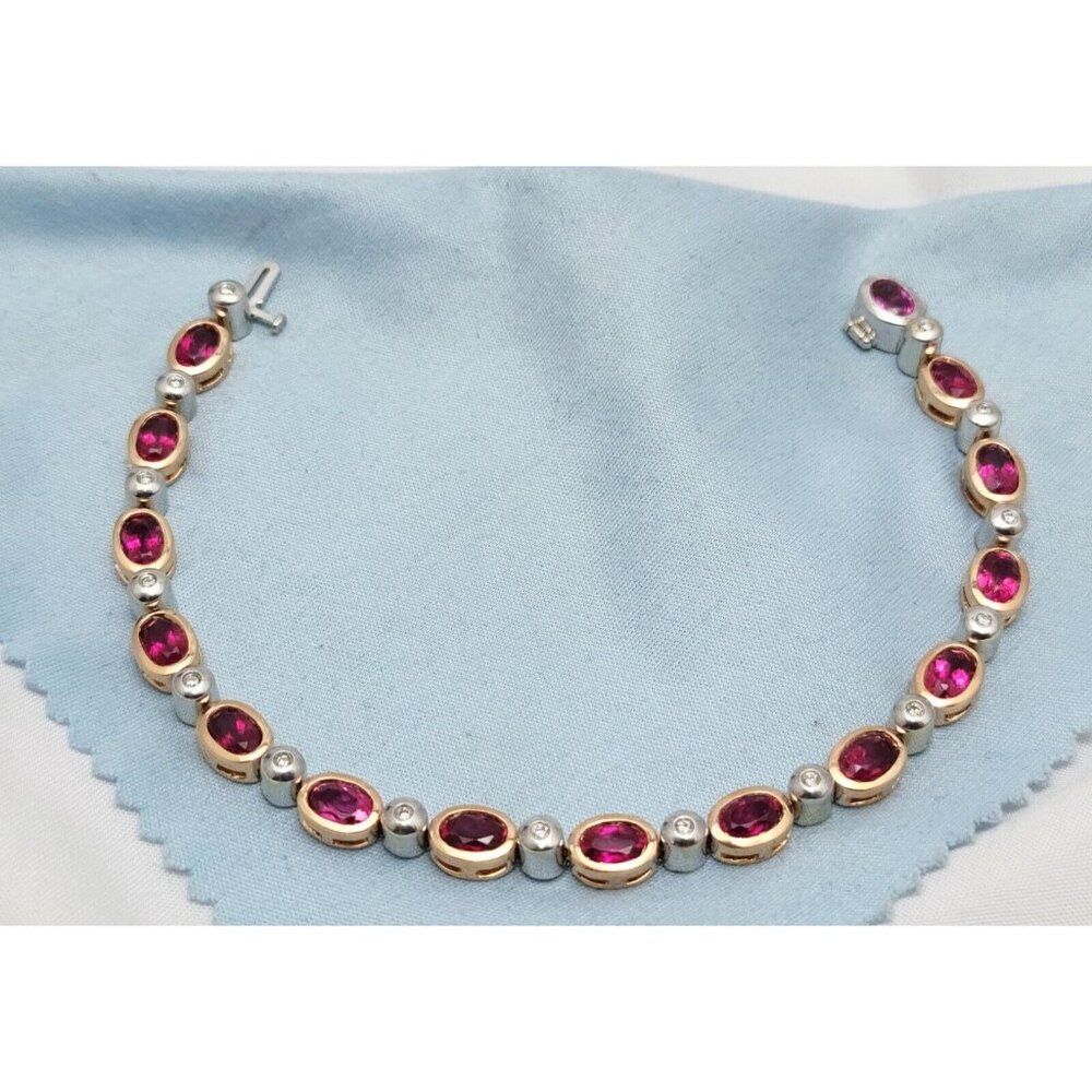 14K Solid Two Tone Multi Color Gold Ruby & Diamond Tennis Link Bracelet 7.50" L